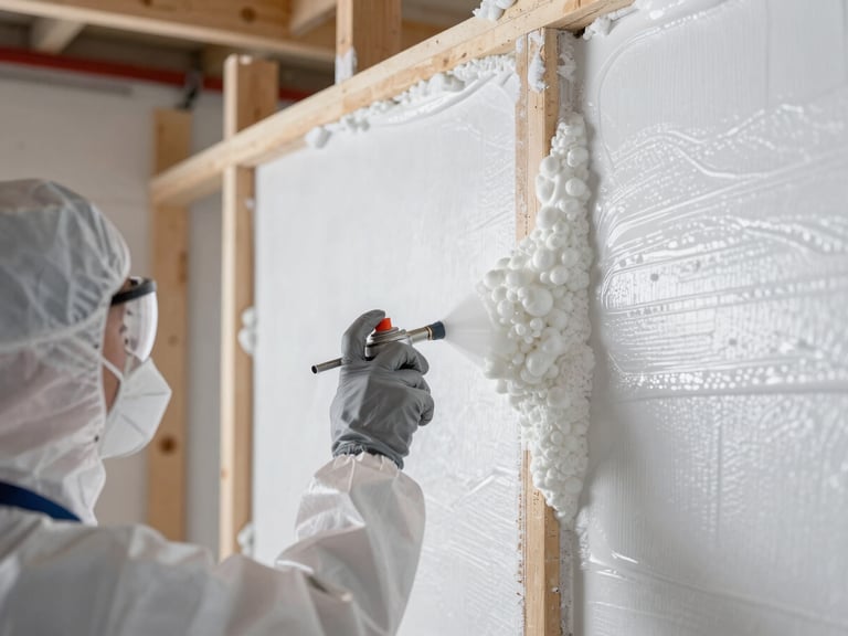 Close-up of a certified technician in full protective gear applying polyurethane spray foam to wall studs, crisp industrial lighting, focus on the expanding foam texture