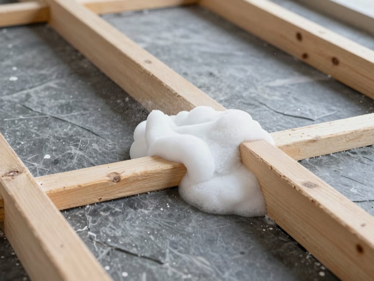 Crisp close-up photography of expanding white polyurethane spray foam applied between clean wooden roof rafters in a residential attic, sharp focus, bright natural light