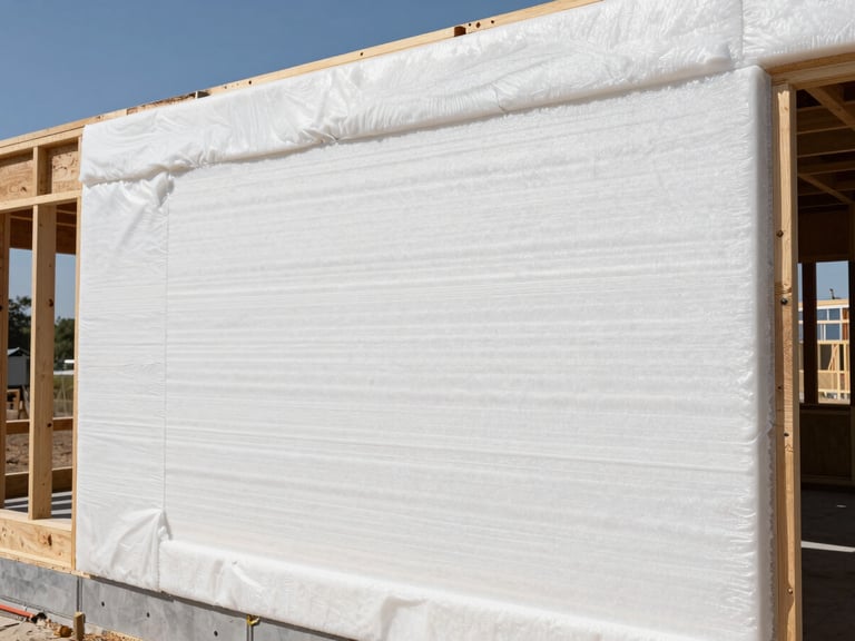Architectural cross-section of a newly framed home addition wall with perfectly applied, uniform expanding spray foam insulation, bright daylight, sharp focus