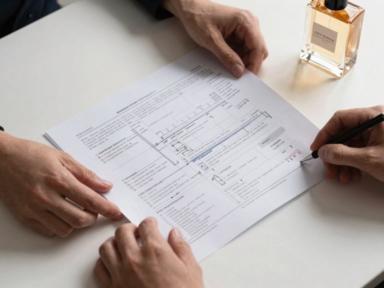 Close-up overhead view of hands arranging printed strategy documents and annotated market research sheets on a matte white desk, studio strobe light casting clean shadows, a luxury perfume bottle placed at the upper right corner as a reference specimen