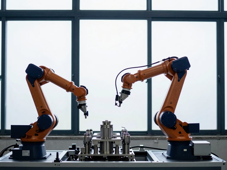 Industrial automation environment with clean robotic arms, precise metallic components, cool diffused daylight, architectural framing
