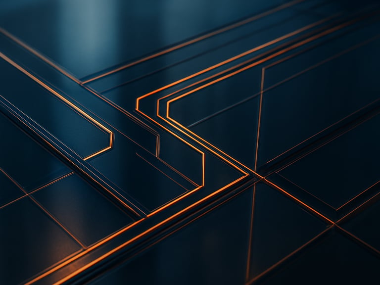 Abstract close-up of a physical-digital interface, glowing data lines on structured glass, dark navy and copper reflections, sharp focus