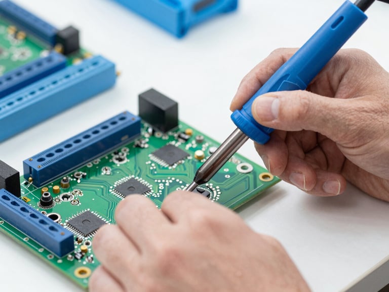 Close-up shot of a professional technician's hands repairing a green circuit board with a soldering iron, bright clean workshop lighting, blue and white tones, macro detail, 50mm lens