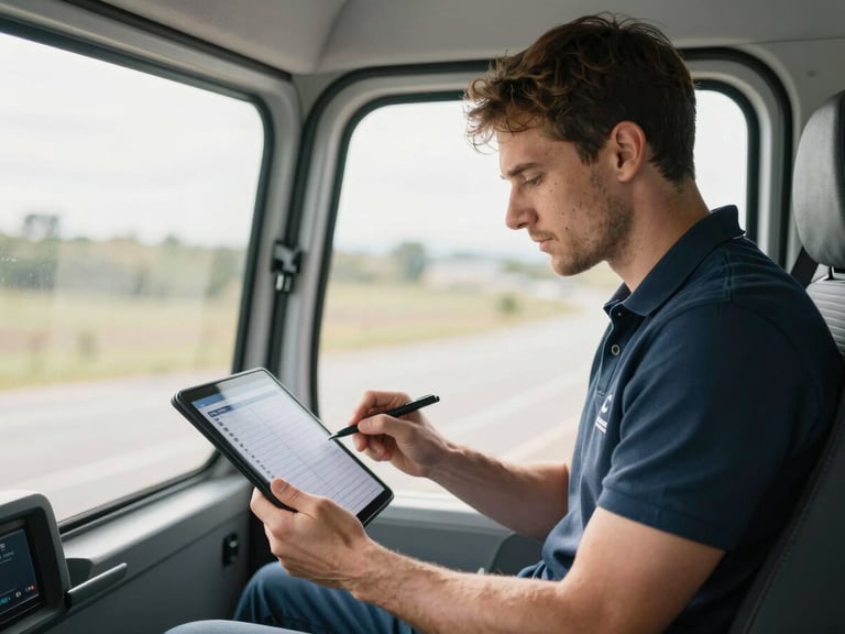 A professional driver checking a schedule tablet inside a clean, modern medical transit vehicle, bright natural daylight.