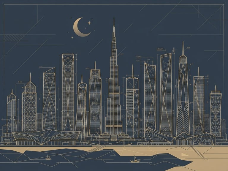 A clean, high-end vector illustration of modern Gulf architectural skylines in desaturated deep navy and sand-gold, showing technical geometric lines and structural blueprint overlays, with generous negative space.