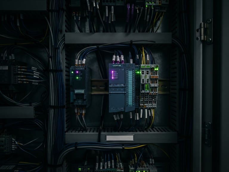 Macro detail shot of clean wired PLC cabinets with status LEDs glowing in deep purple and forest green tones, high-contrast industrial lighting, 35mm