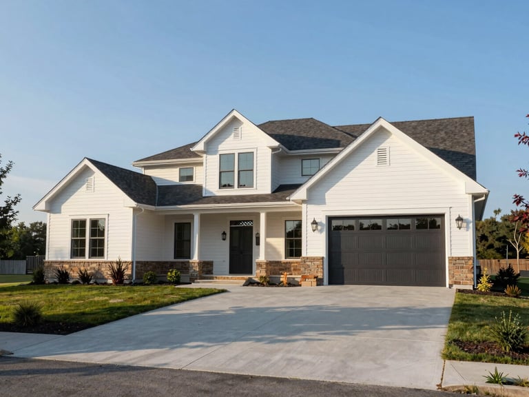 A wide architectural shot of a modern craftsman home in Suamico Wisconsin under bright morning sun, clean concrete driveway, crisp siding, clear blue sky