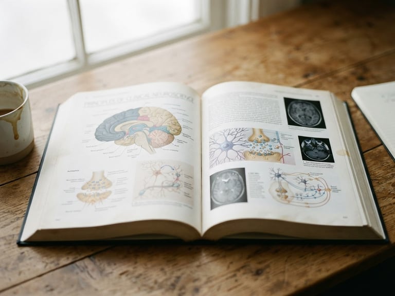 A close-up of an open clinical neuroscience textbook on a warm wooden desk, soft diffused natural daylight from a nearby window, shallow depth of field, 35mm photography