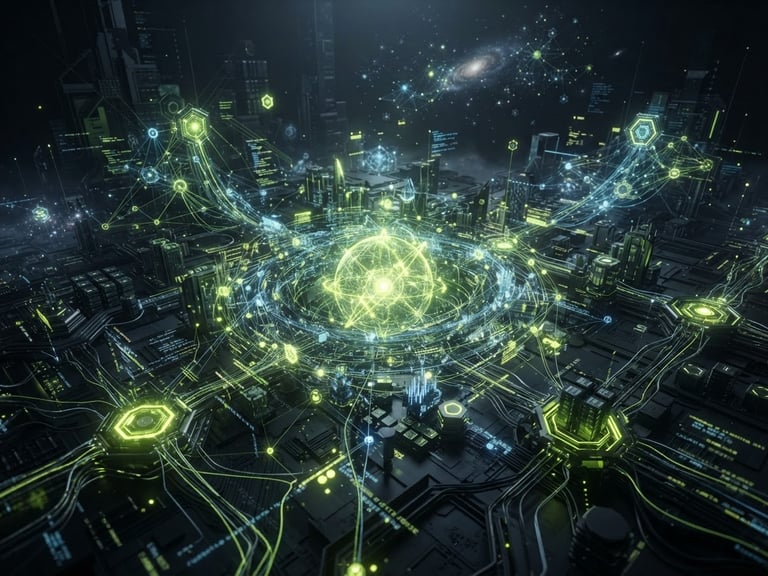 Abstract 3D dark tech render of a sovereign network architecture, glowing code nodes, low-key dramatic studio lighting, deep charcoal and vivid lime, cinematic, 8k resolution