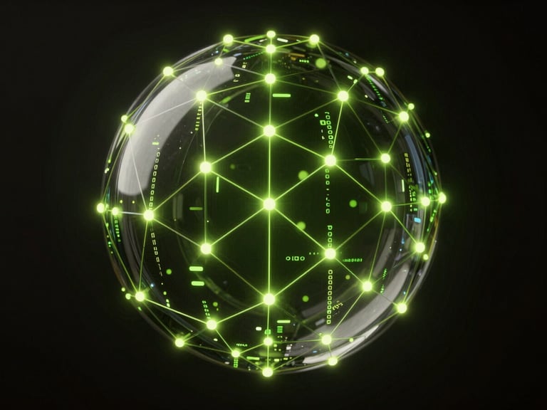 Abstract 3D dark tech render of a polished metallic sphere reflecting glowing network lines, high-contrast low-key lighting, deep shadow