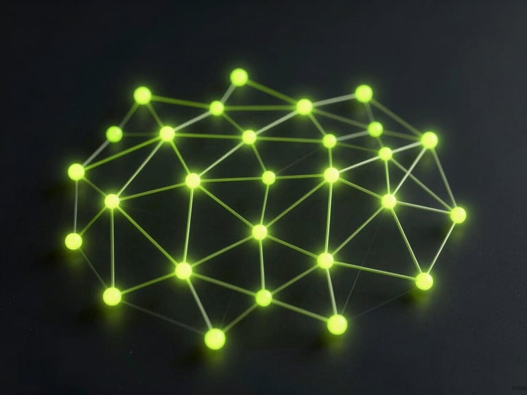 Abstract 3D dark tech render of complex network nodes glowing with subtle neon lime accents, low-key dramatic studio lighting, deep charcoal background