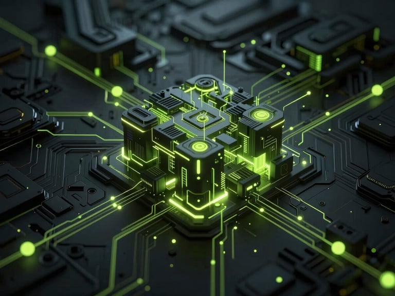 Cinematic AI engineering artifact, abstract 3D dark tech render of precise structural schematics, glowing lime highlights, deep shadow