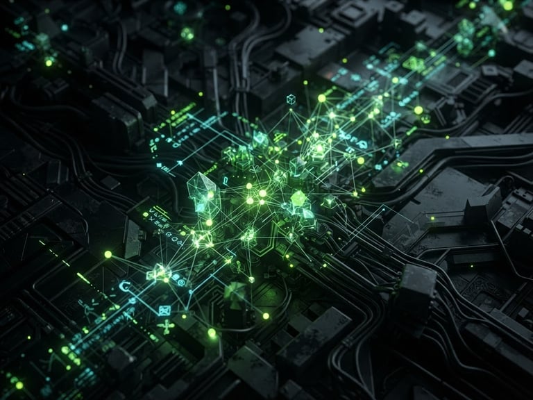 Macro close-up of a dark tech 3D abstract render, glowing green code nodes, low-key dramatic studio lighting, deep charcoal and vivid lime accents, cinematic, 8k
