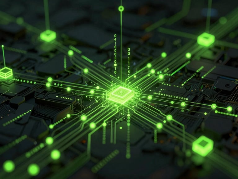 Abstract 3D dark tech render of glowing code nodes and data streams, dramatic low-key studio lighting, deep charcoal and vivid lime