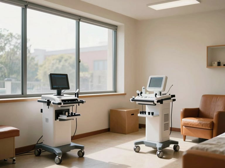 Una sala de terapia ocupacional impecable y luminosa, con grandes ventanales y equipamiento clínico moderno rodeado de detalles cálidos.