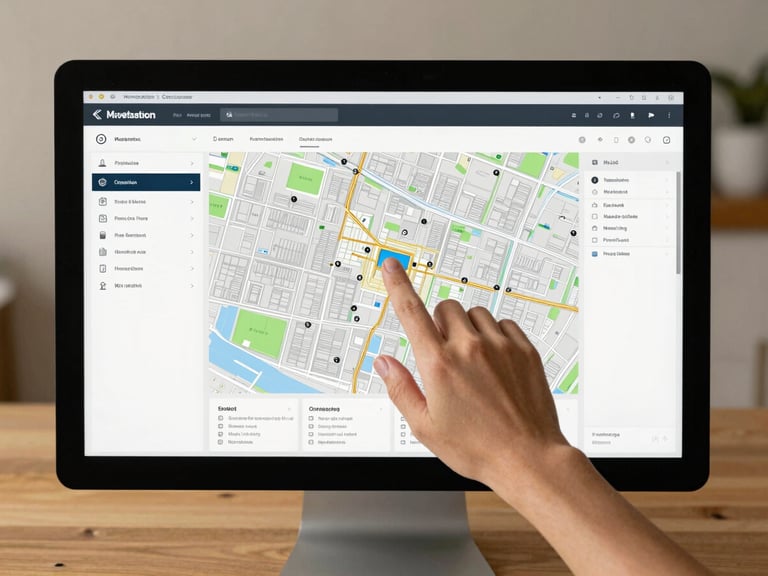 Overhead shot of a hand interacting with a digital map interface on a large monitor, displaying property data overlays, sharp natural daylight, architectural framing.