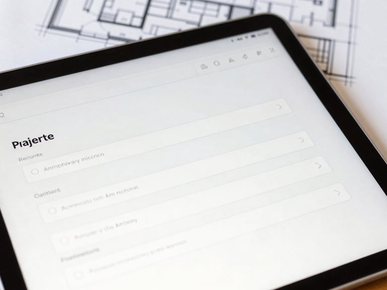 Close-up of a clean, modern web form interface on a tablet, showing organized input fields and clear labels, with architectural blueprints subtly blurred in the background, sharp natural daylight.