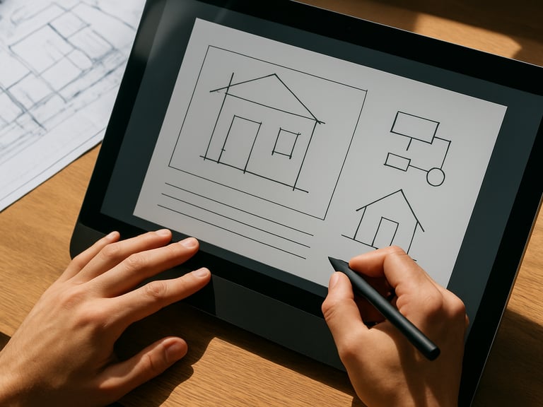 Overhead macro shot of hands sketching diagrams on a digital study guide interface on a desktop monitor, with a blueprint document partially visible, sharp daylight.