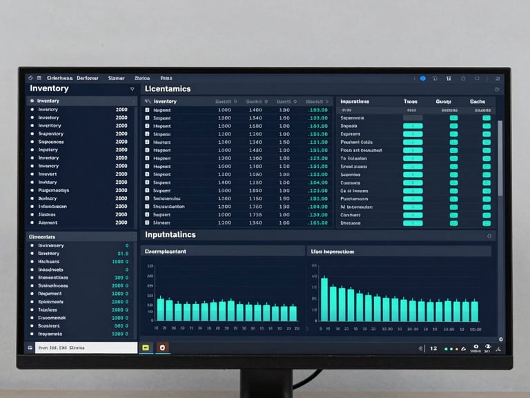 Close-up of a high-density enterprise ERP executive dashboard on a large monitor, showing multiple operational KPI panels—inventory levels, shipment status, production throughput—rendered in dark mode with deep navy background, steel-gray data rows, and cyan accent indicators, photographed straight-on in clean studio lighting with no glare