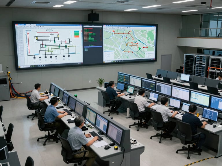 Wide overhead view of an industrial control room with multiple large screens displaying live supply chain workflow diagrams, shipment tracking maps, and inventory position tables, operators seated at workstations under bright overhead lighting, cables and server racks visible in background, photographed from elevated angle to convey operational scale