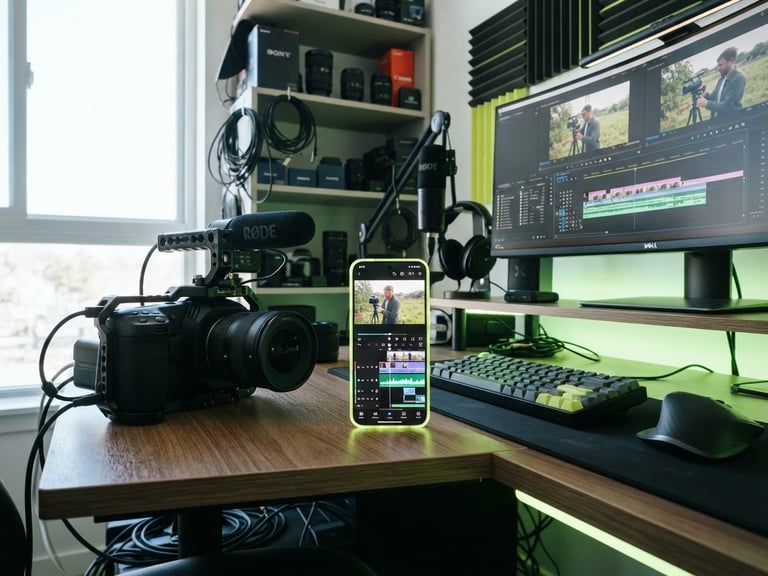Dynamic low-angle shot of a modern editing desk, high-end camera gear, sharp glowing smartphone screen showing active video timeline, natural daylight with subtle neon lime accents