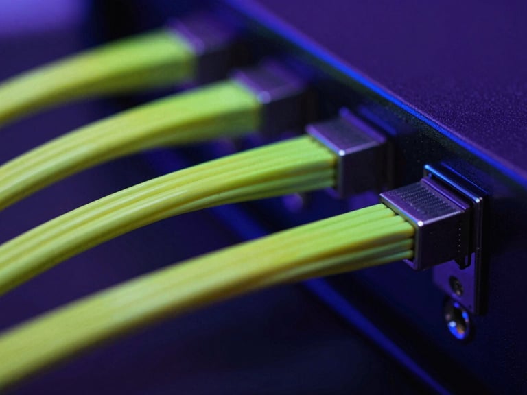Macro shot of high-end server hardware glowing with deep purple and blue light, sharp lime-green fiber optic cables routing through clean metal chassis, dark editorial photography