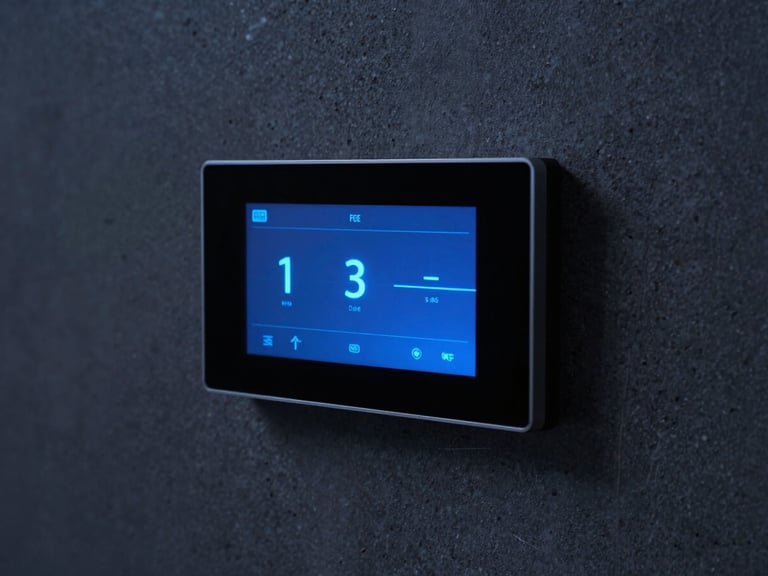 Extreme macro close-up of a flush-mounted smart home touchscreen interface on a dark concrete wall, cool blue status LED glowing softly, 35mm
