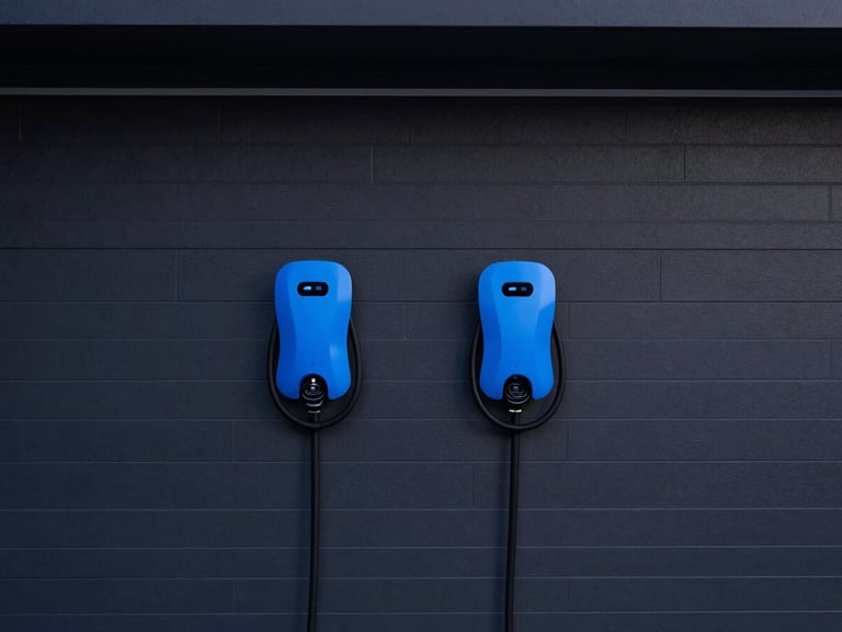 Pristine modern garage interior, dual high-output electric vehicle chargers flush-mounted on a charcoal wall, clean architectural lines, 35mm