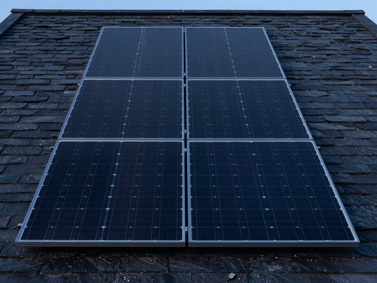 Symmetrical straight-on shot of sleek black solar panels integrated into a modern slate roof, cool twilight lighting, sharp focus