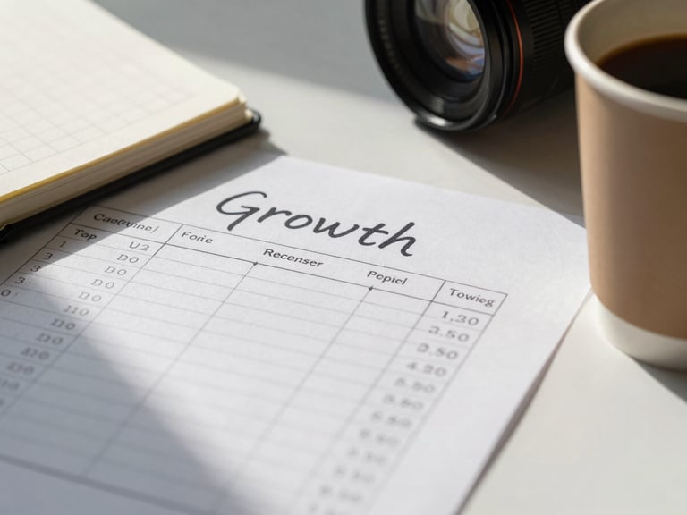 A close-up of handwritten growth metrics and cap table calculations on a clean desk with a notebook and coffee cup, dramatic side lighting.