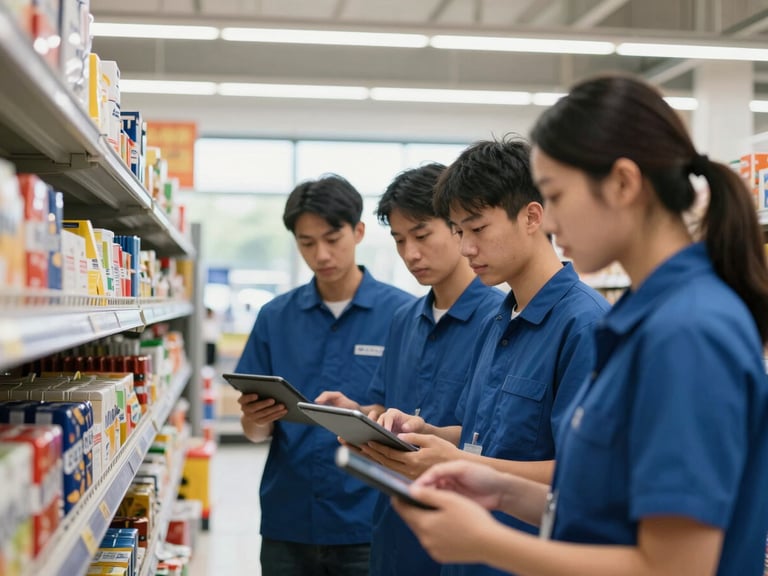 Mid-shot of retail staff collaboratively checking inventory on tablets in a supermarket aisle, hands-on training, natural daylight from a large window.