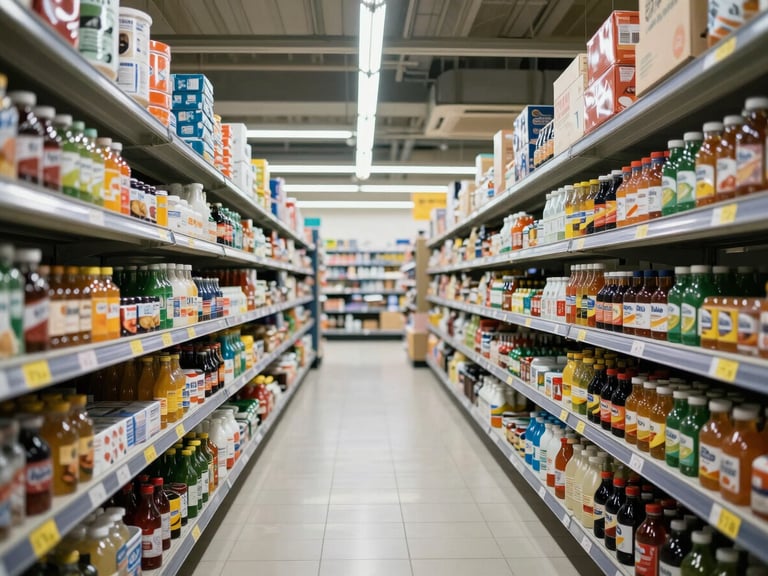 Wide shot of a well-organized supermarket backroom with clear labeling and efficient movement paths, realistic fluorescent lighting.