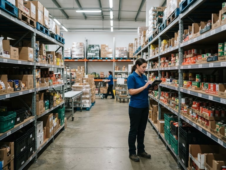 Wide shot of a well-organized supermarket backroom with shelves of inventory, a worker in the mid-ground checking stock on a tablet, realistic supermarket fluorescent lighting, cool industrial tones, sharp focus, 35mm lens