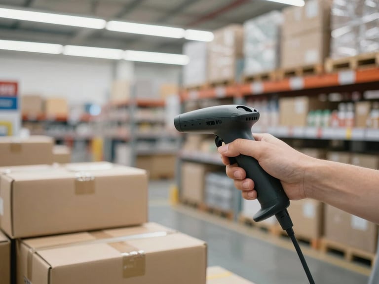 Hands operating a barcode scanner at a loading dock, packages being received, organized warehouse setting, natural daylight.