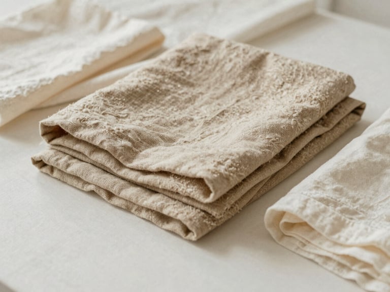 A serene, minimalist studio setting with natural light, showcasing folded linen and cotton fabrics in warm oatmeal and soft cream tones, editorial composition.