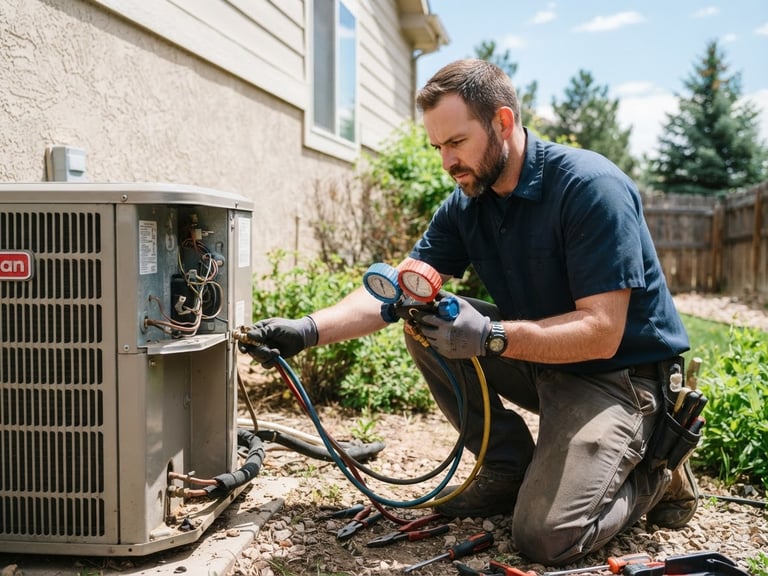 Crisp editorial photograph of a local Parker Now AC Repair technician performing diagnostics on an outdoor condenser unit, hands-on work, bright natural Colorado sunlight, clean saturated tones, sharp focus, 35mm lens