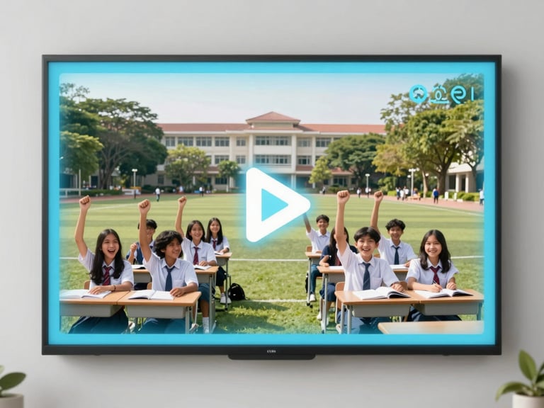 A cinematic wide-angle shot of a school video player interface showing Indonesian students cheering on a green campus, play icon overlay, soft lighting