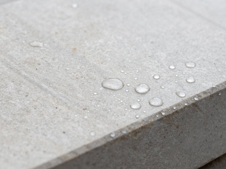 Macro shot of water beading on a freshly impregnated stone surface, showing water droplets forming perfect spheres, bright overcast daylight, clean stone textures, crisp architectural photography