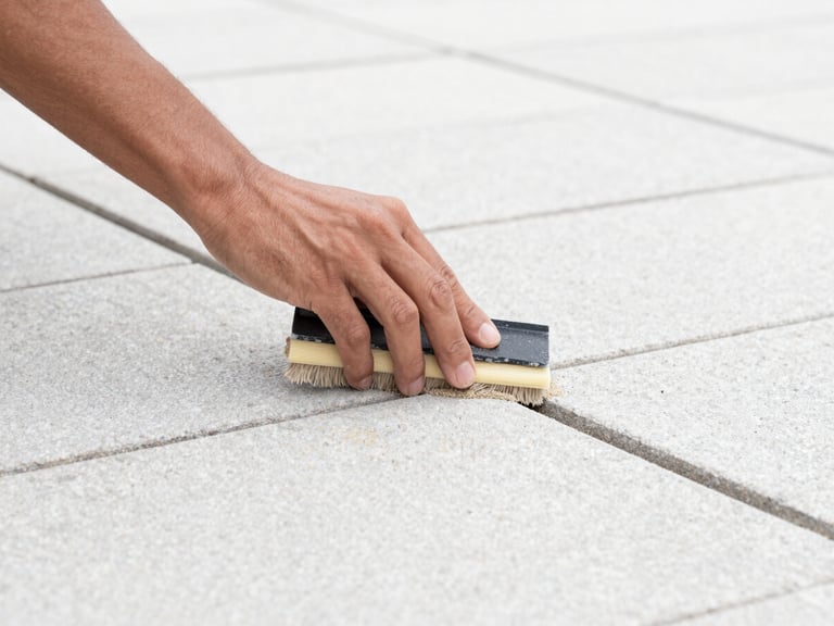 Close-up of hands carefully sweeping jointing sand into paving gaps, bright overcast daylight, clean stone textures, crisp architectural photography, sharp details