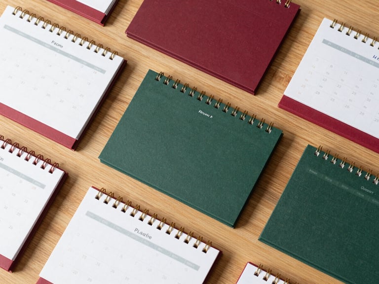 Overhead flat-lay of curated corporate calendars and wooden promotional gadgets on a light oak table, soft Scandinavian daylight, matte finish