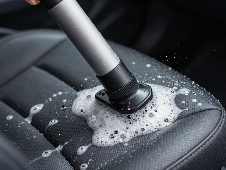 Extreme close-up of a commercial hot-water extraction wand pressed into a car seat, moisture and foam visible on dark fabric, cool studio-quality daylight, sharp focus on the tool-to-surface contact point