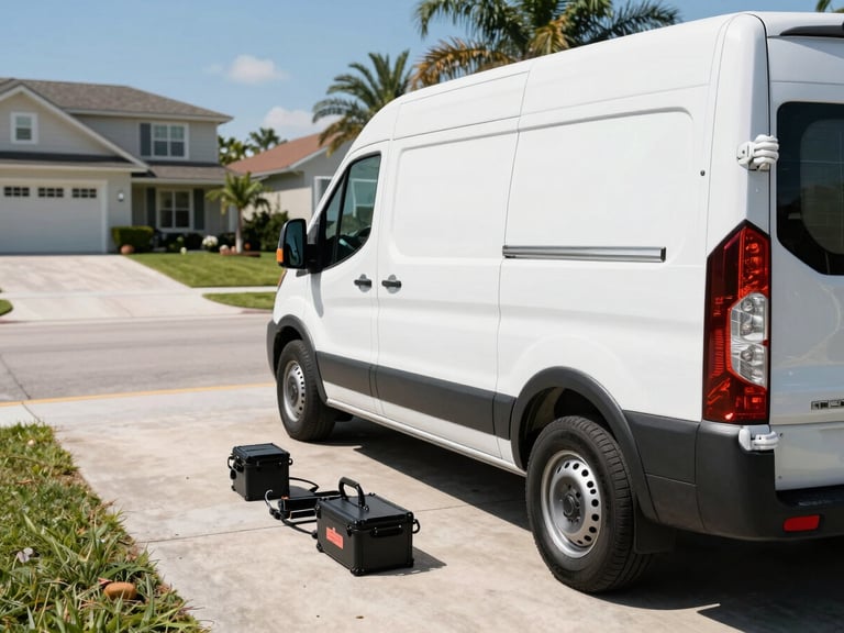 Wide shot of a white mobile detailing van parked in a residential driveway in bright Florida daylight, detailing equipment laid out beside the vehicle, clean suburban background, high-contrast cool daylight, van occupies the right half of the frame with open driveway space to the left