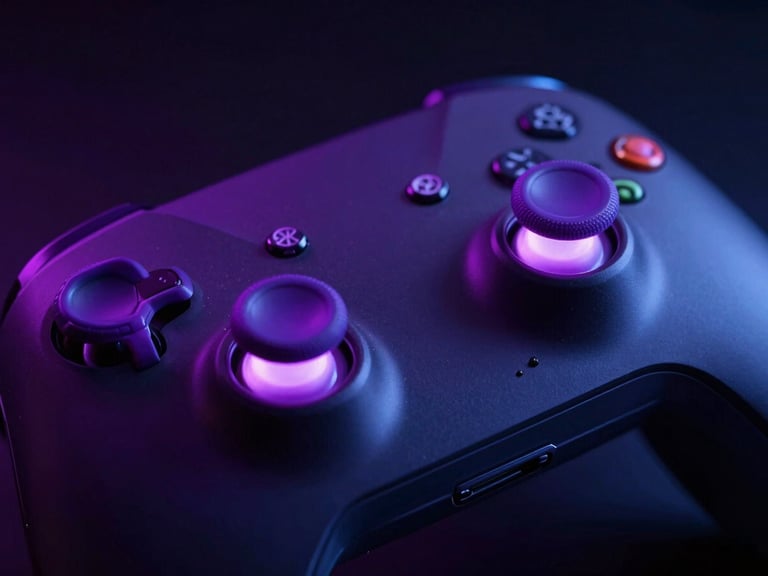 Macro shot of a high-end gaming controller with glowing violet thumbsticks, dark obsidian background, sharp details.