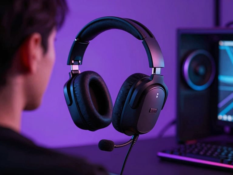 Over-the-shoulder shot of a gaming creator streaming, dramatic neon violet backglow, professional studio setup, macro detail of high-end headset