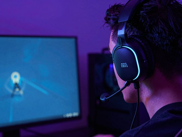 Close-up over-the-shoulder shot of a focused gamer wearing a premium headset, neon blue ambient glow from the monitor, dark room, 35mm.