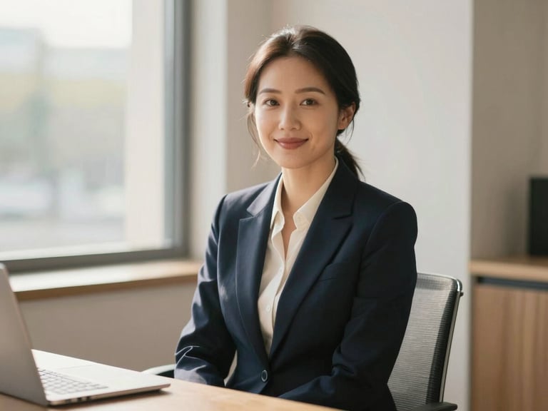 Warm editorial portrait of a female attorney in her 30s, natural welcoming pose, sitting in a sunlit modern office, soft window light, shallow depth of field, 35mm