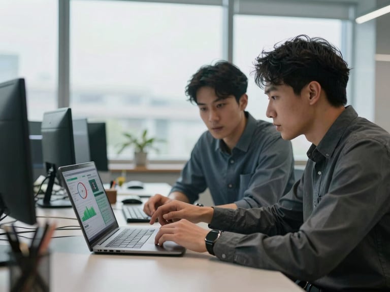 Close environmental shot, two engineers collaborating at a shared desk reviewing test results on a laptop screen, one pointing at metrics dashboard, soft overcast daylight from side window, modern open-plan office with blurred workstations behind them, mid-shot showing working context