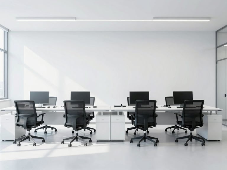 Wide environmental shot of a neat executive office, bright high-key lighting, cool tones, modern clinical aesthetic
