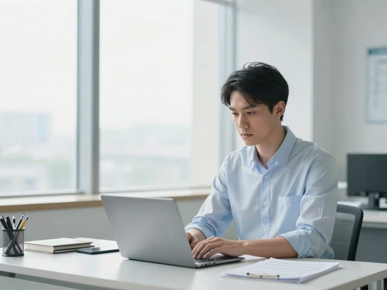 Medium shot of a focused professional at a clean desk in a bright office, soft natural daylight, calm clinical editorial style