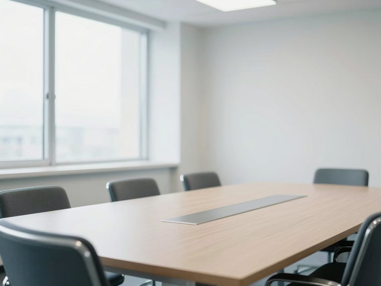 Medium shot of a bright organized meeting room, soft diffused natural daylight, clean architectural lines, calming atmosphere